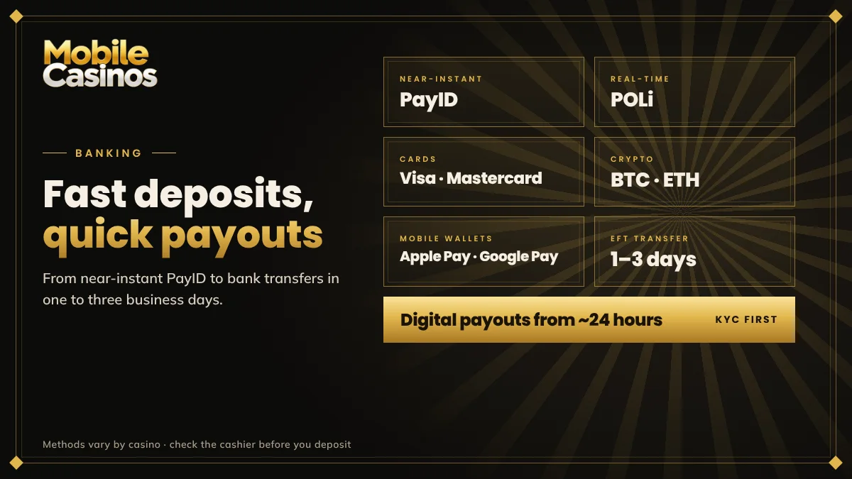 Mobile casino banking in Australia: PayID, POLi, Visa and Mastercard, crypto, Apple Pay and Google Pay, EFT in 1–3 business days