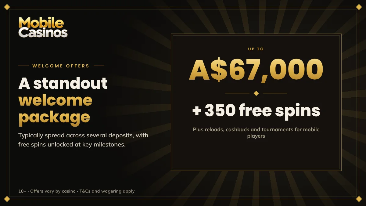 Standout mobile casino welcome package: up to A$67,000 plus 350 free spins, plus reloads, cashback and tournaments